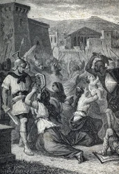 La intervención de las mujeres sabinas. Grabado 1884