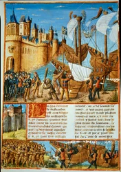 El rey de Francia Luis IX (San Luis) (1214-1270) partiendo hacia la séptima cruzada. Miniatura tomada de «Les passages faits Outremer par les Français contre les Turks et autres Sarrazins et Moures Outremarine» de Sebastien Mamerot
