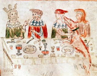 El rey de los francos Pipino III el Breve (714-768) y su hijo Carlomagno en un banquete. Miniatura de un manuscrito del siglo XII. Venecia, Biblioteca Nazionale Marciana