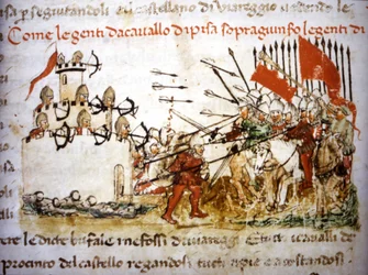 Los Caballeros de Pisa ganaron contra la infantería de Lucca en 1397 - en "Crónicas del Sercambi", alrededor de 1400. Archivo Nacional, Lucca