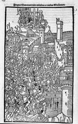 Los Caballeros de Rodas (la Orden de los Hospitalarios de San Juan de Jerusalén) atacando Rhode Island en "Rhodiorum Historia" de Guilelmus Caorsin, Ulmae, Joh. Reger 24 de octubre