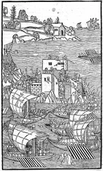 Los Caballeros de Rodas (la Orden de los Hospitalarios de San Juan de Jerusalén) atacando Rhode Island en “Rhodiorum Historia” por Guilelmus Caorsin, Ulmae, Joh. Reger 24 de octubre