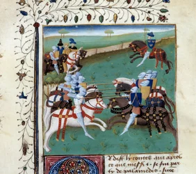 Los caballeros de la Mesa Redonda participando en un torneo caballeresco. Miniatura del manuscrito 