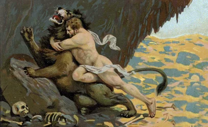 Los trabajos de Hércules: Hércules y el León de Nemee, principios del siglo XX (cromo)