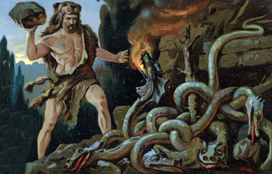 Los Trabajos de Hércules: Hércules mata a la Hidra de Lerne, principios del siglo XX (cromo)