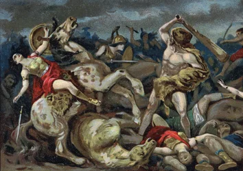 Los trabajos de Hércules: Hércules toma el cinturón a Hipólito, principio del siglo XX (cromo)