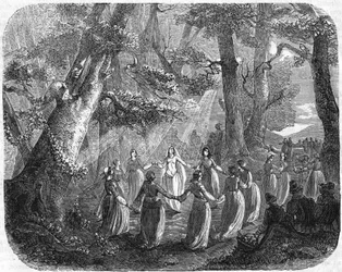 El Árbol de la Dama, donde las jóvenes de Domrémy se reunían para juegos y un gusto campestre, incluyendo a Juana de Arco. Grabado del siglo XIX.