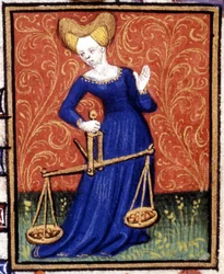 La Libra. Miniatura de un horóscopo. Manuscrito del siglo XV. Bibl. Trivulziana, Milán