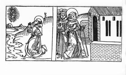 La vida de San Bernardo de Menthon (923 - 1008). Grabado de “Leben der Heiligen - sommerteil” (El libro de los santos) de Jacobus (James) de Voragine (1228-1298). Lubeck 1488