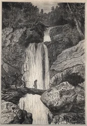 La cascada de Linklater - ilustración del siglo XIX para la novela histórica “Los Puritanos de Escocia” (Vieja Mortalidad) de Walter Scott (1771-1832)