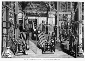 La Máquina Grams en la Exposición de Electricidad de 1881 - en "Las Nuevas Conquistas de la Ciencia" por Louis Figuier