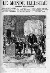 El Marqués de Nangis (interpretado por Dumaine) y Marion (por Sarah Bernhardt) implorando al Rey Luis XIII (Garnier). Obra de teatro "Marion Delorme", drama de Victor Hugo (1802-1885) representado en el teatro de la puerta de Saint Martin después de ser pr
