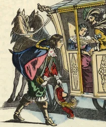 El Marqués de Carabás saluda al rey y a la princesa en su carruaje. Ilustración del cuento "El gato con botas" de Charles Perrault