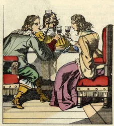 El Marqués de Carabás invita a la princesa y al rey a comer en el castillo. Ilustración del cuento “El gato con botas” de Charles Perrault.