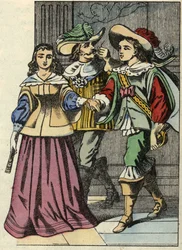El Marqués de Carabás, la princesa y el rey en el castillo. Ilustración del cuento "El gato con botas" de Charles Perrault