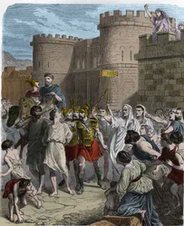 El martirio de San Sinforiano - Martirio de San Sinforiano alrededor del año 180 (San Sempronio mártir) (Symphorianus, Symphorien). Un hombre en la multitud agitando un cartel con la inscripción S.P.Q.R (Senatus Populusque Romanus) - en "Historia de los pa