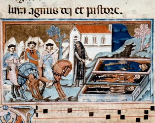El encuentro de los tres vivos y los tres muertos (o Dit). Los tres vivos y un ermitaño ante los tres ataúdes que muestran cadáveres en distintas etapas de descomposición. Miniatura del «Laudario Magliabecchiano». Siglo XIV. Florencia, Biblioteca Nazionale