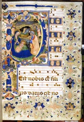 La Natividad representada en un coro del siglo XIV. Milán, Biblioteca Nacional Braidense