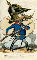 El fusil de aguja - Retrato de Otto von Bismarck (1815-1898), canciller de Prusia - Marte, dios de la guerra, decepcionado de sí mismo como prusiano por probar el fusil de aguja y jugar una mala pasada a los austriacos... Caricatura