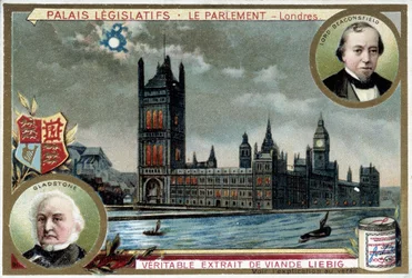El Palacio de Westminster, o Parlamento de Londres (Inglaterra), con retratos de William Ewart Gladstone (1809-1898) y Benjamin Disraeli, Lord Beaconsfield (1804-1881) - cromolitografía de Liebig