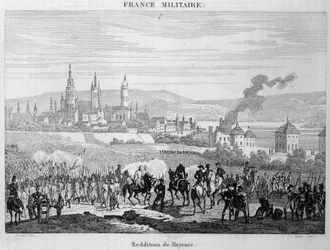 Las tropas prusianas tomaron la ciudad de Maguncia (o Mainz) en Alemania de los franceses, julio de 1793. Grabado del siglo XIX.