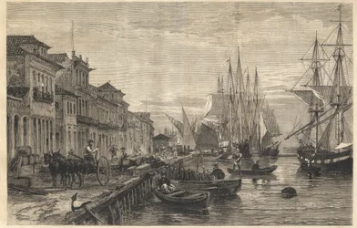 El muelle de Boa Vista, en San Pedro de Río Grande del Sur, un puerto de Brasil - El muelle de Belle-Vue, en San Pedro de Río Grande (Brasil) - Capitanía de Sao Pedro do Rio Grande do Sul - Grabado de 