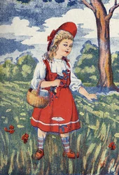 Caperucita Roja tiene flores. Ilustración para "Caperucita Roja", cuento de Charles Perrault (1628-1703), escritor francés. Ilustración anónima. Imágenes Marcel Vagne, Jarville Nancy, sin fecha (finales del siglo XIX)