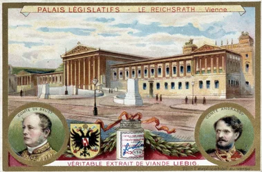 El Palacio del Reichsrath, Viena (Austria), con retratos del Conde Friedrich Ferdinand de Beust (1809-1886) y el Conde Gyula Andrassy (1823-1890) - Cromolitografía de Liebig
