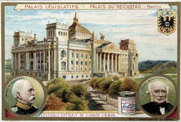 El Palacio del Reichstag en Berlín, y retratos de Bismarck y Windthorst - Etiqueta publicitaria de Liebig, c.1900