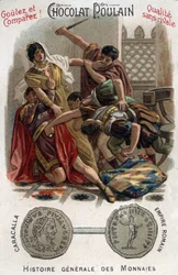 El emperador romano Caracalla (188-217) asesinó a su hermano Geta en brazos de su madre. En Historia general de las monedas. Cromolitografía color chocolate de finales del siglo XIX. Colección privada.