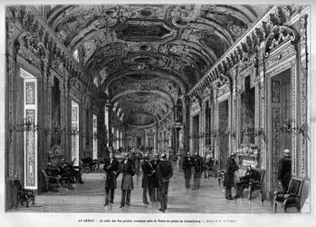 El vestíbulo del Senado, antigua Sala del Trono, Palacio de Luxemburgo. Grabado en "Le Monde illustré" 1883. Colección privada.