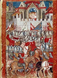 El asedio de Pamplona en España por Carlomagno, ganando contra los sarracenos. Miniatura de 