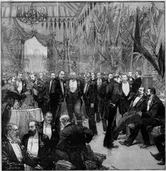 El banquete de Suez reunió a los financieros más importantes del mundo (reunión de los miembros de la Comisión Internacional). Grabado en «Le Monde illustré»