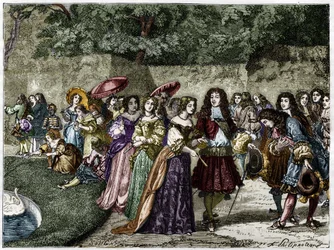 El Rey Sol (Luis XIV en los jardines de Versalles rodeado de su corte) (grabado del siglo XIX)