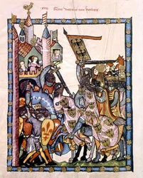 El poeta y caballero suizo Graf Werner von Homberg (1284-1320) al servicio del emperador Enrique VII asediando una fortaleza defendida por las tropas angevinas de Sicilia. Miniatura del Códice "Manesse" o "Manessesche Liederhandschrift"