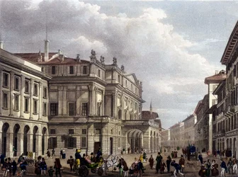 El Teatro alla Scala en Milán a principios del siglo XIX. Grabado de la época. Museo della Scala de Milán