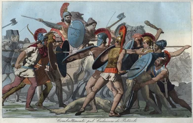 La guerra de Troya - batalla por el cuerpo de Patroclo - grabado de «Usi e Costumi di Tutti i Popoli dell