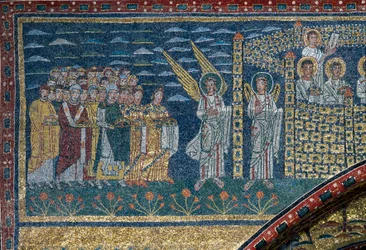 La visión de la Jerusalén celestial: Los elegidos se dirigen hacia la ciudad custodiada por ángeles. (detalle)