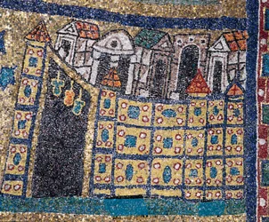 La visión de la Jerusalén celestial: detalle de Jerusalén representada en una ciudad fortificada. (detalle)