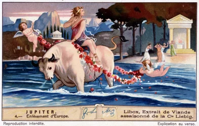 El rapto de Europa por Júpiter, parece un toro blanco - Cromolitografía de Libox, producida por Liebig