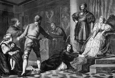 El judío acusado. Herejía en el siglo XV: juicio de una mujer judía acusada de brujería sobre un niño enfermo. Grabado después de la pintura de Hogson. Grabado en "The Illustrous Universe"