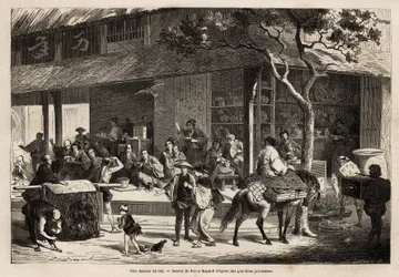 La animación de una casa y las actividades de la calle. Grabado para ilustrar el viaje a Japón, en 1863-1864, por Aime Humbert, ministro de la Confederación Suiza, en 