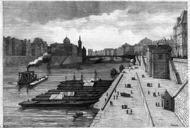 El paseo de las manzanas en el Quai del Ayuntamiento en París en 1883