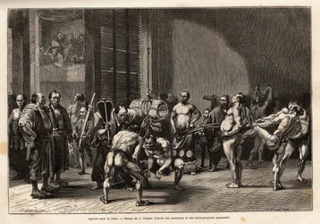 Los preparativos para la lucha de sumo, los atletas se calientan, estiran, se peinan y se concentran antes de luchar. Grabado para ilustrar el viaje a Japón, por Aimé Humbert, ministro de la Confederación Suiza, en 1863-1864, publicado en Le tour du monde