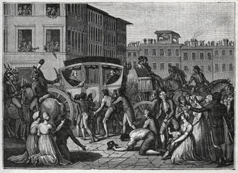 La llegada del Papa Pío VI (Giovanni Angelo Braschi, Pío VI, 1717-1799) a Grenoble en 1799. Grabado de 1800.