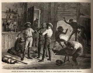 La llegada de mineros a una posada de Caribou (Canadá), escenas de relajación y reencuentro, con una bebida. Grabado para ilustrar el viaje del Atlántico al Pacífico (ruta del noroeste por las tierras), en 1862-1864 por el vizconde Milton y el doctor Chead