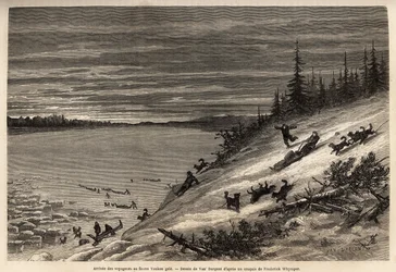 La llegada de pasajeros en trineo de perros al río Yukón (extremo norte de Canadá) completamente congelado. Grabado para ilustrar el viaje y aventuras en la Colombia Inglesa, la Isla de Vancouver y Alaska, por Frederick Whymper