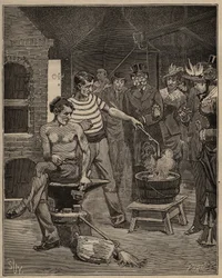 El arte del vidrio: experiencia de lágrimas batávicas. Gotas de vidrio fundido se dejan caer en un baño de agua fría, que se congelan en forma de lágrimas. Grabado de 1885 en "Les arts et metiers illustres" por Adolphe BITARD