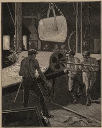 El arte del vidrio: fabricación de helados. Paso llamado "el gran flujo". Grabado de 1885 en "Les arts et metiers illustres" por Adolphe BITARD