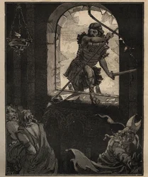 El arte del vidrio: vitrales pintados. Los soldados de Teodorico rompen un vitral para entrar en la iglesia de Brioude (Haute Loire) en 521. Grabado de 1885 en “Les arts et metiers illustres” por Adolphe BITARD.